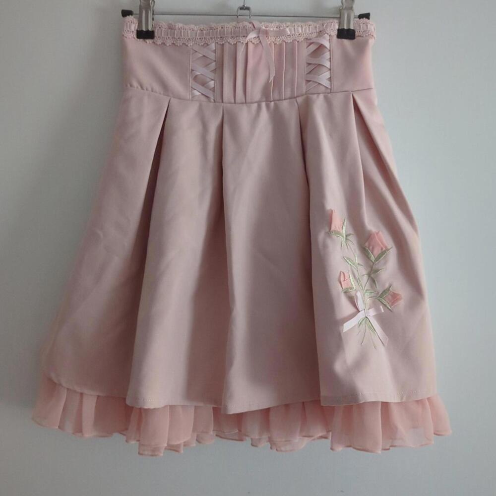 Liz Lisa Pink Rose Appliqué Ribbon Lace Skirt